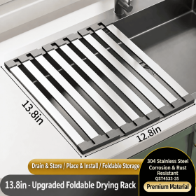 304 Stainless Steel Foldable Over Sink Drying Rack, 12.8 in Wide, 13.8/17.7/21.7 in Length, Roll Up Dish Drainer (size: 12.8*13.8in)