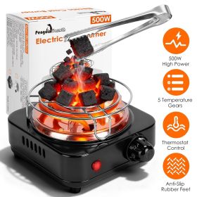 Electric Charcoal Burner 500W Hookah Charcoal Burner Compact Coal Burner for Hooka Cubes Shisha with Grill and Tongs 5 Temperature Gears Thermost (Color: black)